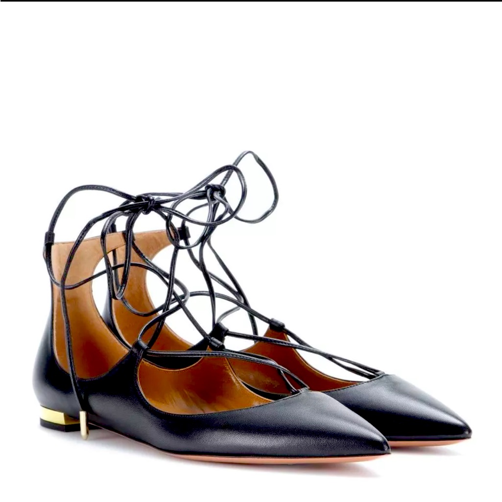 Aquazzura Christy Leather Lace Up Tie Ballet Point Toe Flats Black